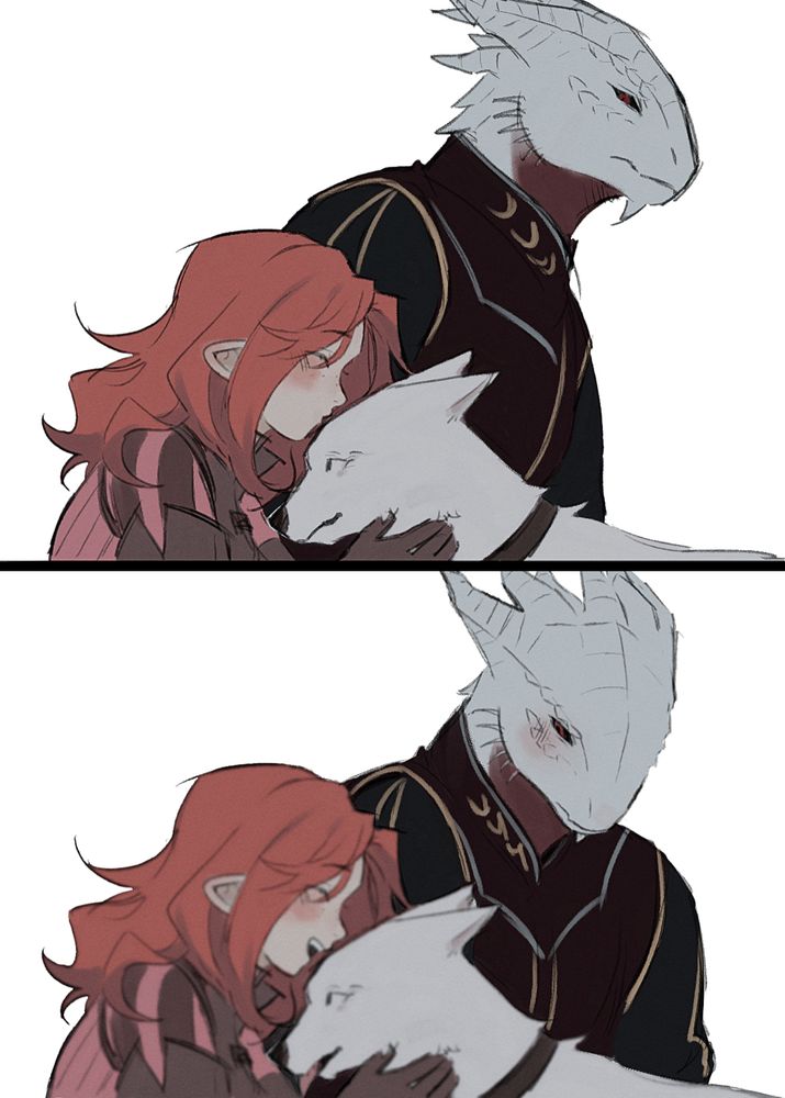 colored sketch of default Durge and my oc, Hana. The top panel features Hana kissing Scratch's head while Durge watches. Bottom panel features a blurred out Hana and Scratch while Durge watches with a yearning expression.