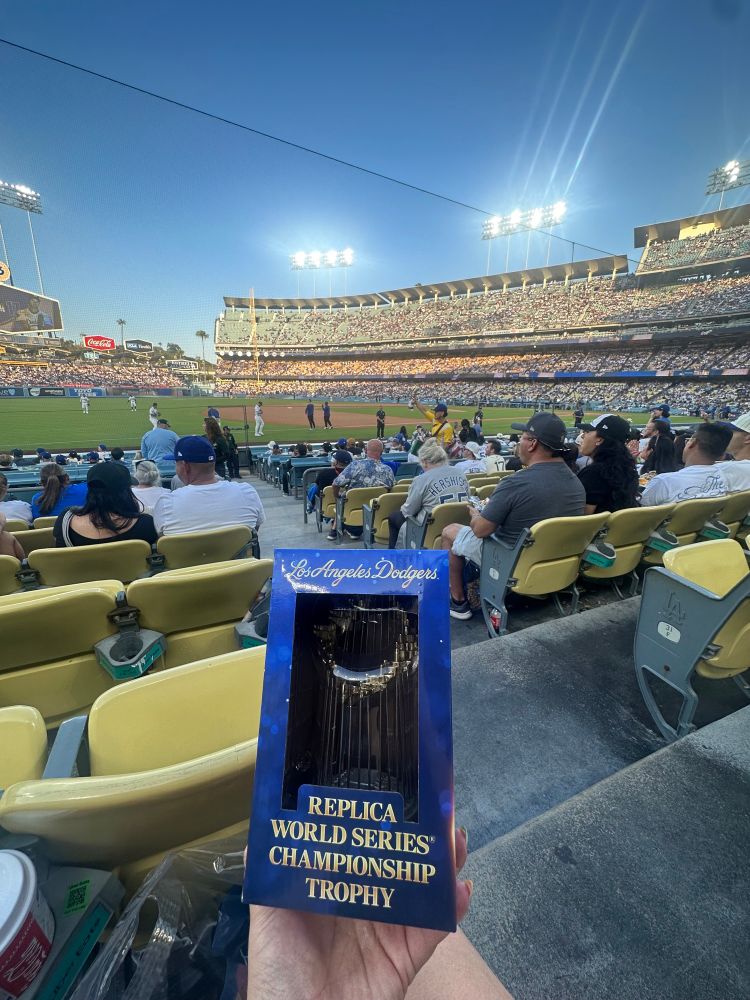 Dodger stadium with a World Series replica trophy 