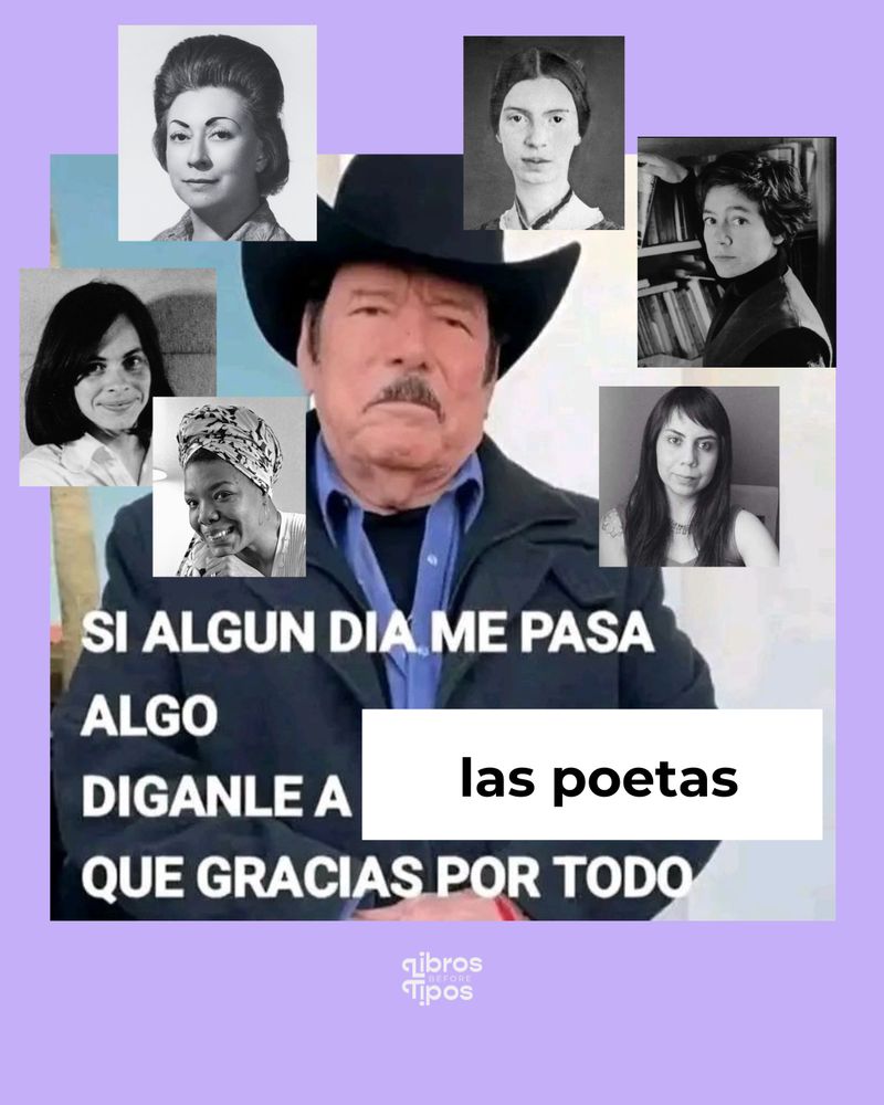 Meme de señor norteño rodeado de poetas. Aparecen Rosario Castellanos, Cristina Peri Rossi, Maya Angelou, Eva Castañeda, Alejandra Pizarnik y Emily Dickinson. El meme dice: Si algún día me pasa algo díganle a las peotas que gracias por todo.