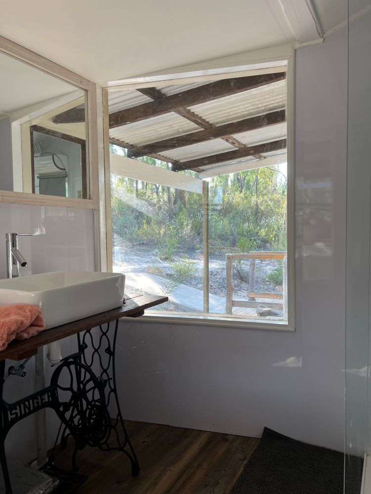 Photo of a large window looking out on flowering Australian plants (flannel flowers mostly) 