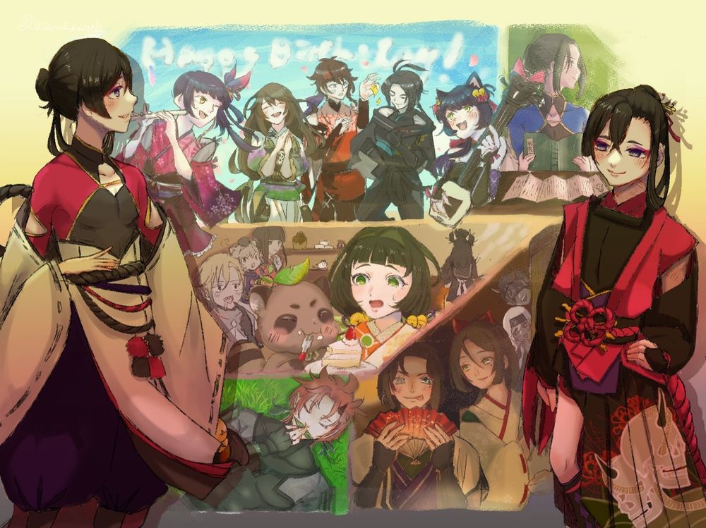 ソーシャルゲーム『剣が刻』のキャラ「七太夫長能」の誕生日を祝うイラスト。

壁画を背景に、七太夫と「刻」七太夫が立っている。

壁画に描かれているもの：
音丸・珠・伊吹・鴇羽・付喪が何やら音楽に合わせて歌と踊りの練習をしている様子。

連之助が七太夫からの手紙を前に「羽衣」の台本を取り出し、七太夫に思いを馳せる様子。

萌夏・日鞠・芝右衛門が台所で料理の準備をしている様子と、必要な材料を届けにきた探幽・繋々・叉梵。日鞠が用意したケーキを芝右衛門が勝手に味見してしまっている。

風魔が原っぱで草笛を吹いている様子。

茶半次が七太夫の古い扇子を直している様子。その様子を阿国が覗き込み、さらに2人のその様子を隣の部屋から日輪と月輪が覗き込んでいる。月輪は別のものを見ているかもしれない。