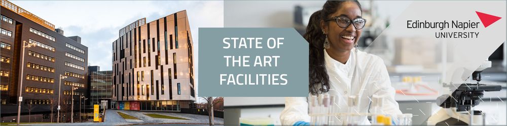 University Campus and lab. State of the Art Facilities text. Edinburgh Napier University logo