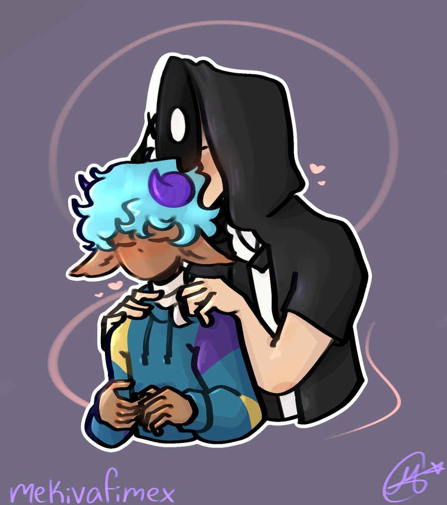 Two characters loving eachother! One is a  blue haired purple horned satyr that is fidgeting with his fingers wearing a hoodie and a bandaid around his neck, the other is wearing a black coat and under it a button up shirt and a black and white vest, also he has a slightly lifted up mask to kiss the back of the head of the other character, his hands are on the shoulders of the satyr
The vibe is warm, loving, cute, romantic, sweet, just fluffy and comfortable vibes
I really enjoyed drawing this, I'm proud of this art