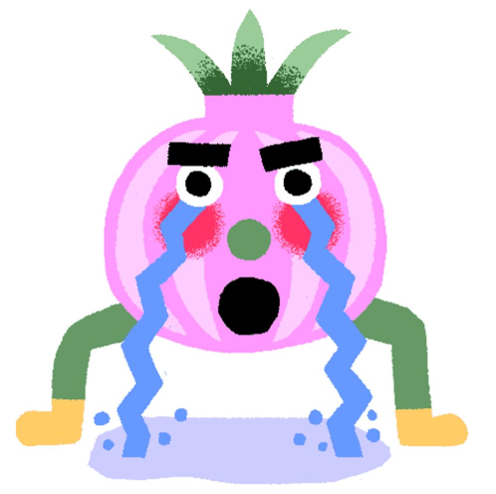 a cartoon onion is crying with tears coming out of it 's eyes