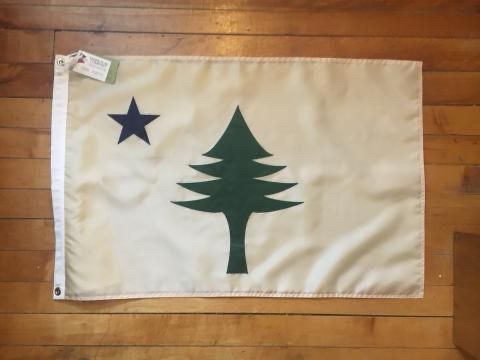Simple buff colored flag with green pine tree graphic in center and blue star in upper left corner