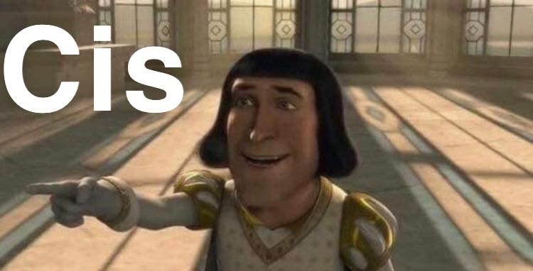 A cartoon image of Lord Farquaad from Shrek pointing left. The word "Cis", as in cisgender, is on the top left of the image. The image is used to jokingly mock cis people.