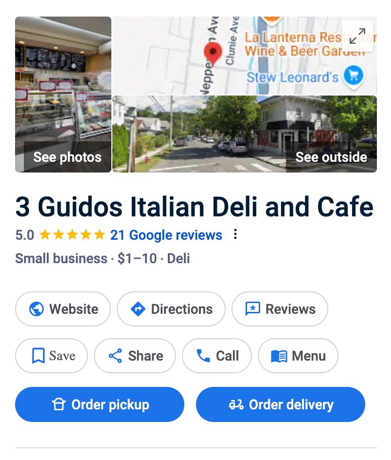 Screenshot of Google Maps search result for a place called 3 Guidos Italian Deli and Cafe