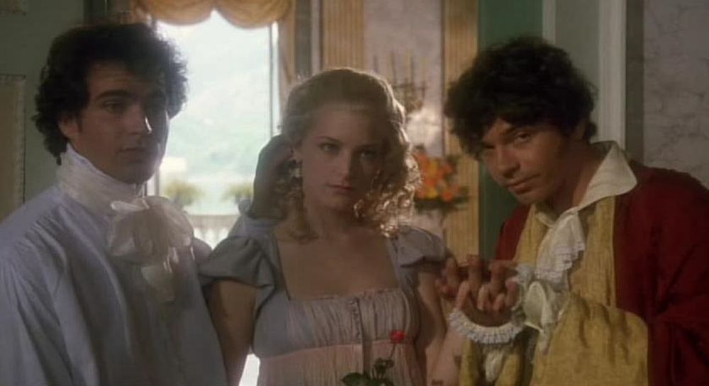 
Screen shot from Frankenstein Unbound featuring Mary Shelley, Lord Byron and Percy Shelley. 