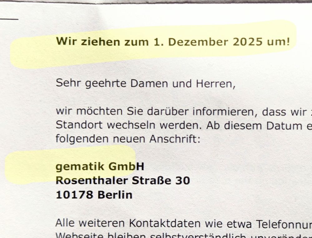 Mitteilung der gematik GmbH über einen Umzug nach Berlin