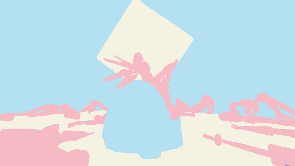 A background in the colours of the trans pride flag of V1 sitting on a Malicious Face surrounded by dead enemies from Ultrakill.