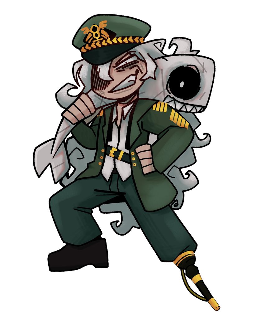 A chibi drawing of Captain Ahab from Limbus Company with the pallid whale (shrunken down) slung over her shoulder.