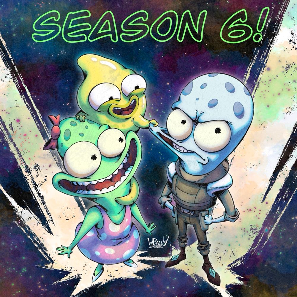 Fanart I made of Jesse, Pupa, and Yumyulack from Solar Opposites standing in an abstract space in a stylized look with text mentioning “Season 6” above them.