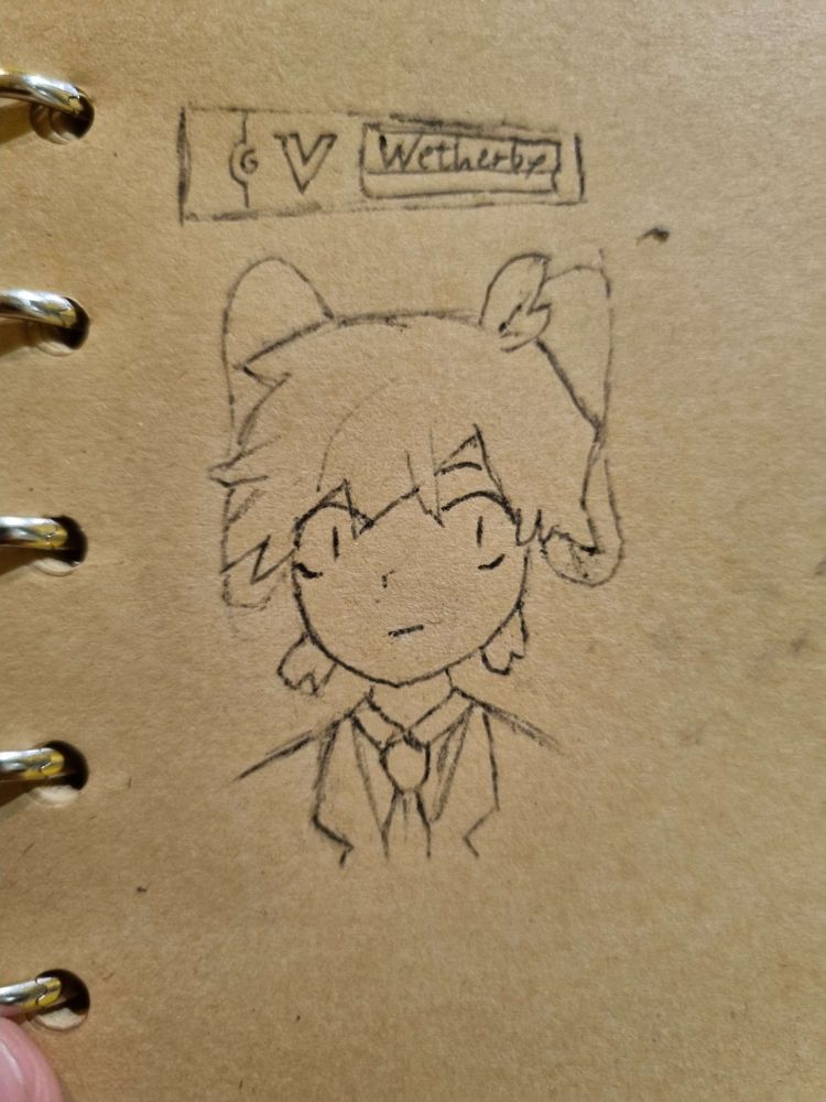 A sketch in black pen ink showing the account's character Wetherby, with a Lobotomy Corp style health bar above him. The drawing includes his head and shoulders, as well as the top of his suit and tie. 