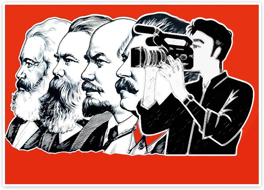 Poster de Marx, Engels, Lenin, Stalin y un señor sujetando una cámara de grabación.