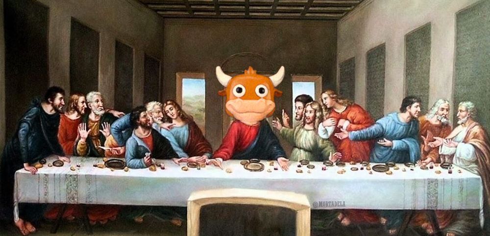 Cuadro de La última cena con el dibujo de la vaquilla del Grand Prix en el centro de la mesa, sustituyendo a Cristo.
