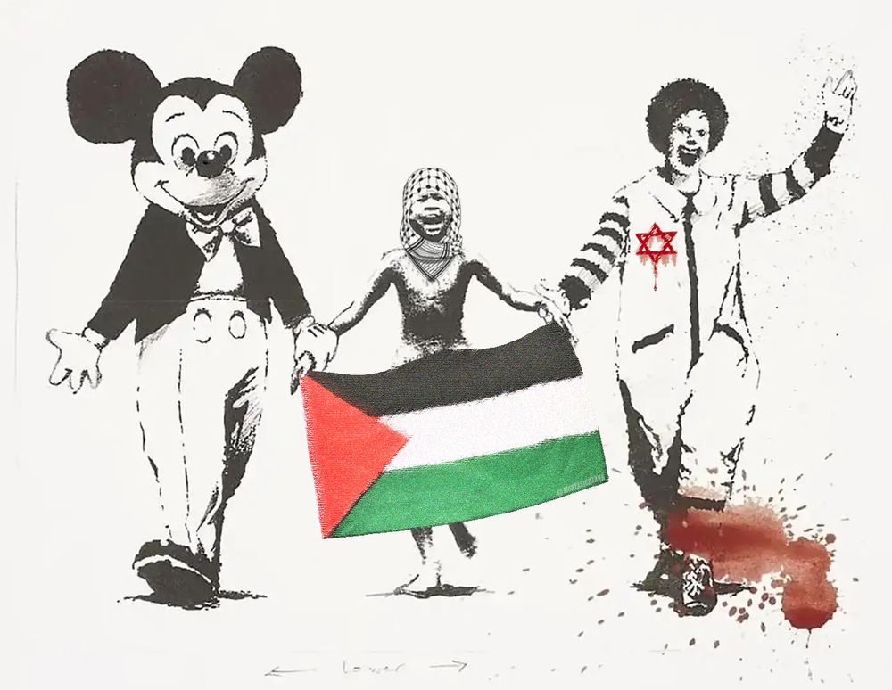Banksy, Napalm 2004, con la niña sujetando una bandera palestina.