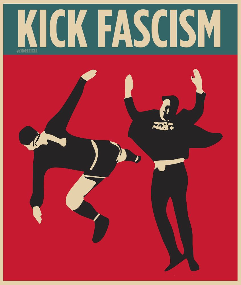 Diseño con patada de Cantona al salto de Musk en el mitin de Trump con el texto: Kick Fascism.