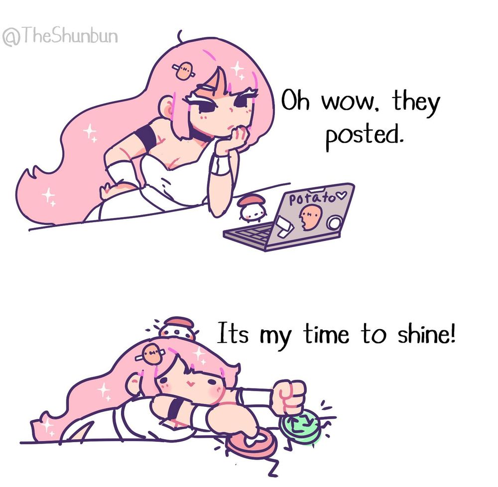 2 panel comic. Pink haired girl sees her friends post. Smashes those like and repost buttons.