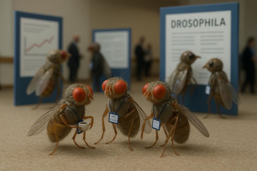 Drosophila flies with little name tags and coffee conversing at a poster session at a conference