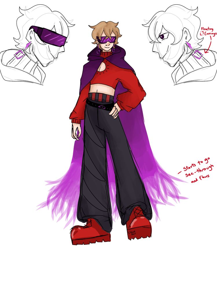 Top right corner with a arrow pointing to his earrings - "Floating (watcher Symbol) Earrings"

Middle right side of the screen with line pointed at the bottom of his cape - "Starts to go see - through and flows"