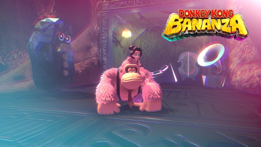 Donkey Kong mid blink standing in front of a hideout. 
