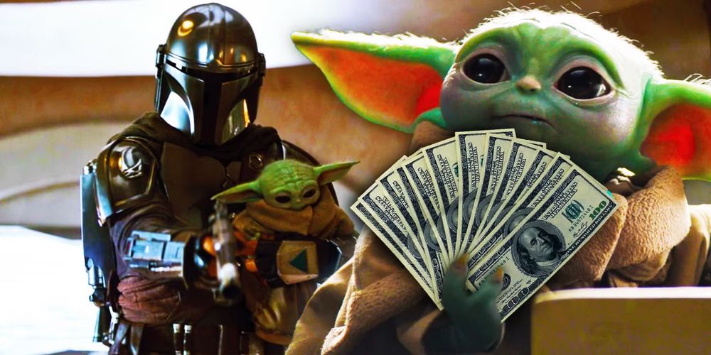 Grogu de la série the mandalorian qui tient des dollars en éventail 