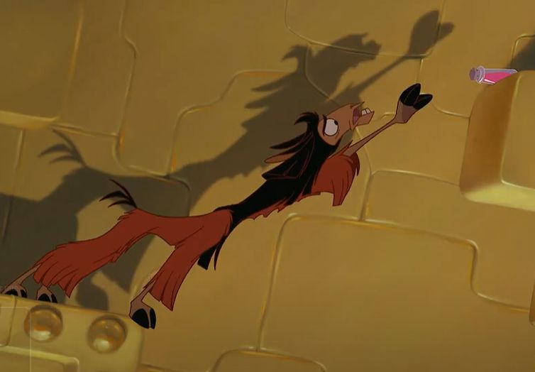 extrait du film Kuzco, où un lama essaye d'attraper une potion qui va tomber dans le vide