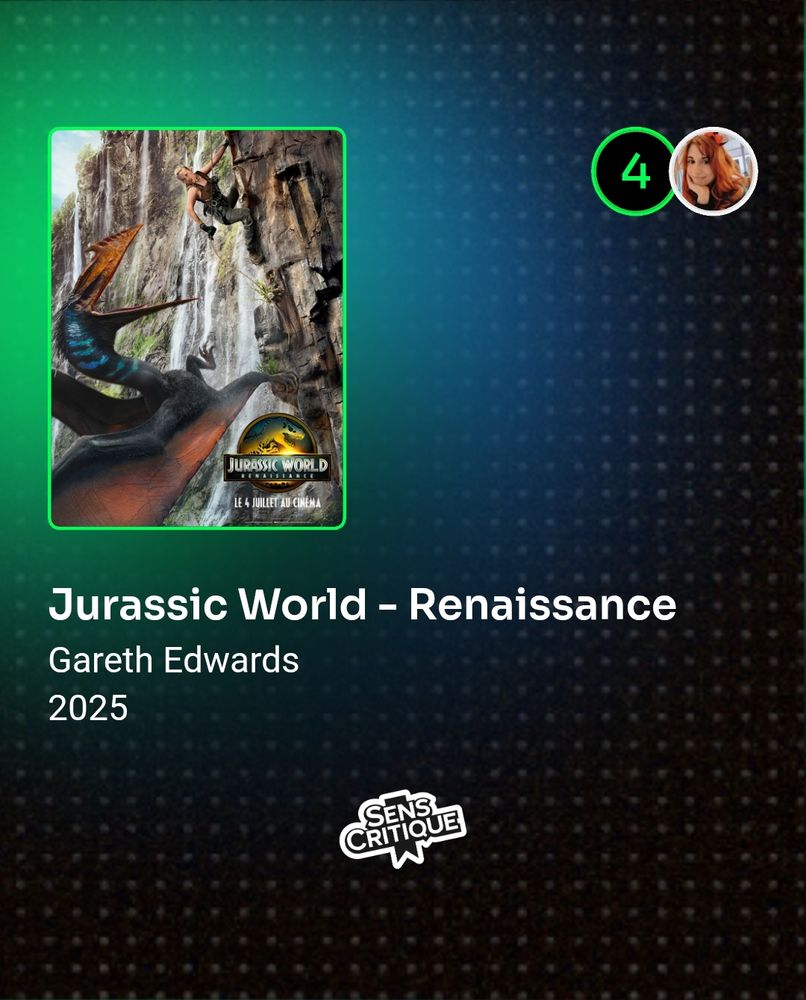 Partage de ma note (4/10) sur sens critique de Jurassic world renaissance (2025) de Gareth Edwards