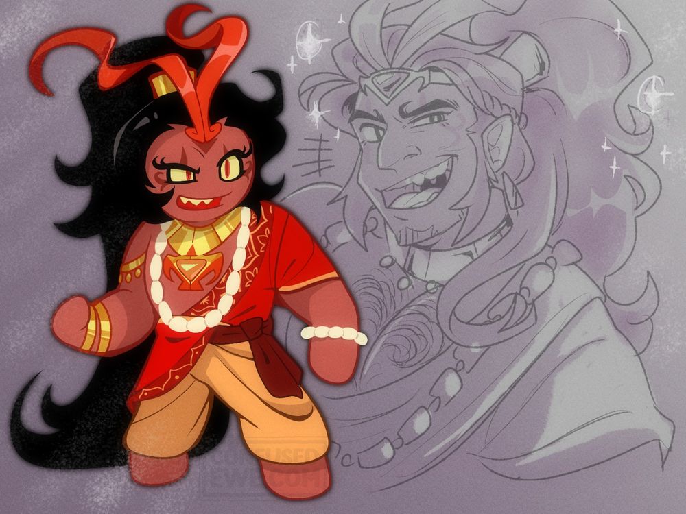 Drawing of a pre-corrupted form of Burning Spice Cookie. His hair is tied in a long ponytail and his "antennae" are more ribbon-like. His eyes are colored yellow with red pupils and given a more playful/challenging stance. He is wearing gold accessories including and arm band, bracelets on his right arm and a gold necklace with his soul jam jewel attached at the bottom. He has a pearl necklace as well as a bracelet on his right arm. His pants are tan and he is wearing red patterned robes that cover half his body and are based on Hindu culture. In the background is a sketch of him as a human baring a charismatic smile.