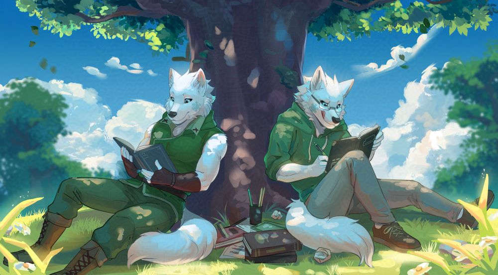 Two anthro white wolf sitting under the tree on one sunny day. The one on the right (Arz - my fursona) writing the story draft on a notebook (pen and paper notebook), while the one on the left (Garos - OC) read the written draft  