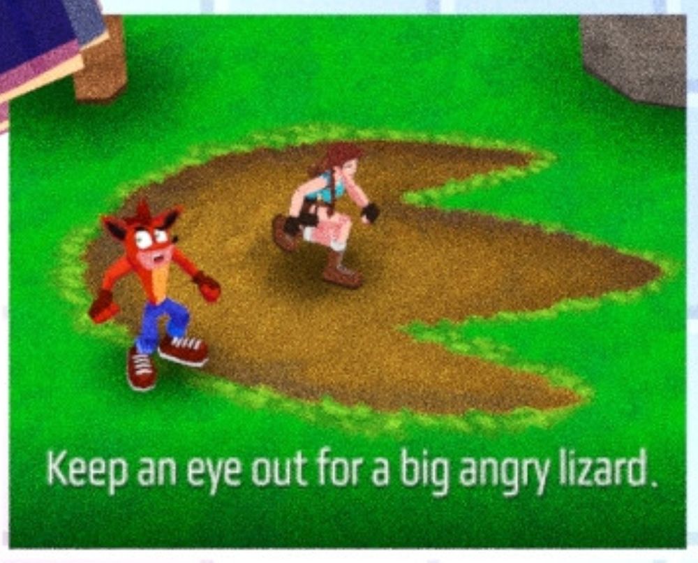 Zoom in on a digital magazine ad for PlayStation All Stars X focusing on an image of Lara Croft and Crash Bandicoot in a green field. Lara and Crash are standing on a three-toed dinosaur foot print

Text: Keep an eye out for a bug angry lizard.