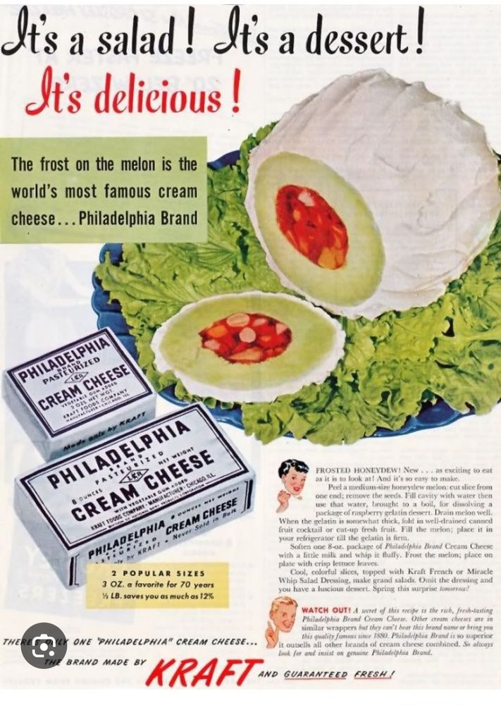 A disgusting salad desert with melon and cream cheese