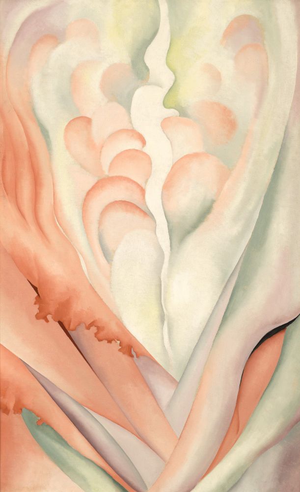 Flower Abstraction by Georgia O'Keeffe, featuring abstract shapes in soft pink, blue, and cream colors, reminiscent of fluid, organic forms.