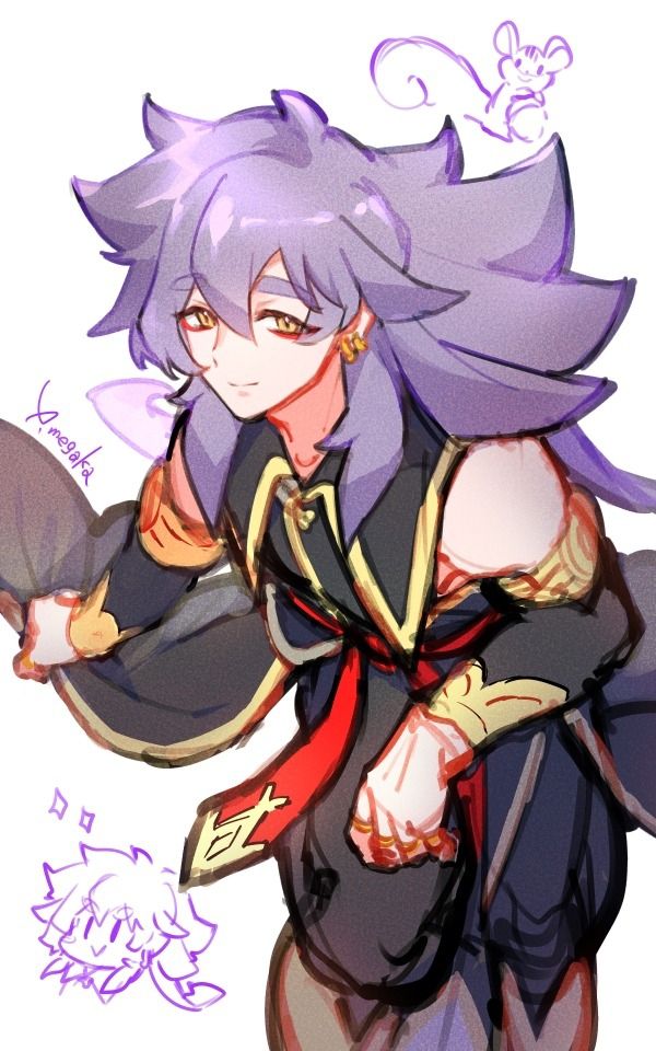 これは私が描いたファンアートのイラストです。

イラストの内容は、薄い紫が混ざった灰色の長髪で黒いチャイナ服を着た背の高い男性キャラクターが、前かがみになってこちらを見ています。