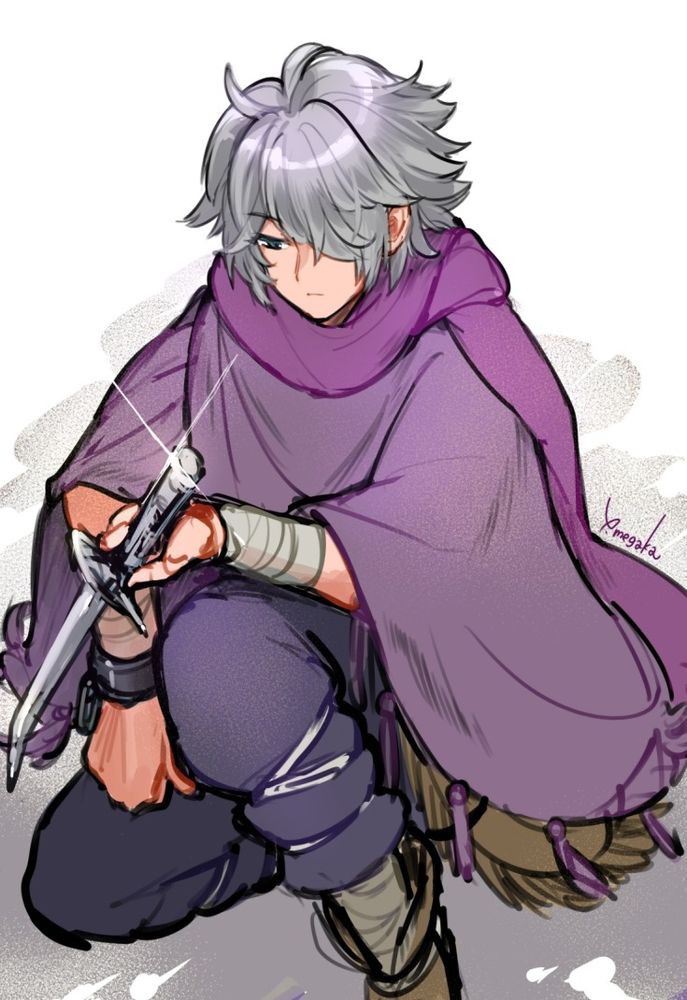 これは、私が趣味で描いたファンアートのイラストです。

灰色の短髪のくせっ毛でポンチョを羽織り紫色のマフラーをした青年が、左膝を立ててしゃがみ、左手に持っている銀のナイフを眺めている。何かを決意しているシーンをイメージして描きました。