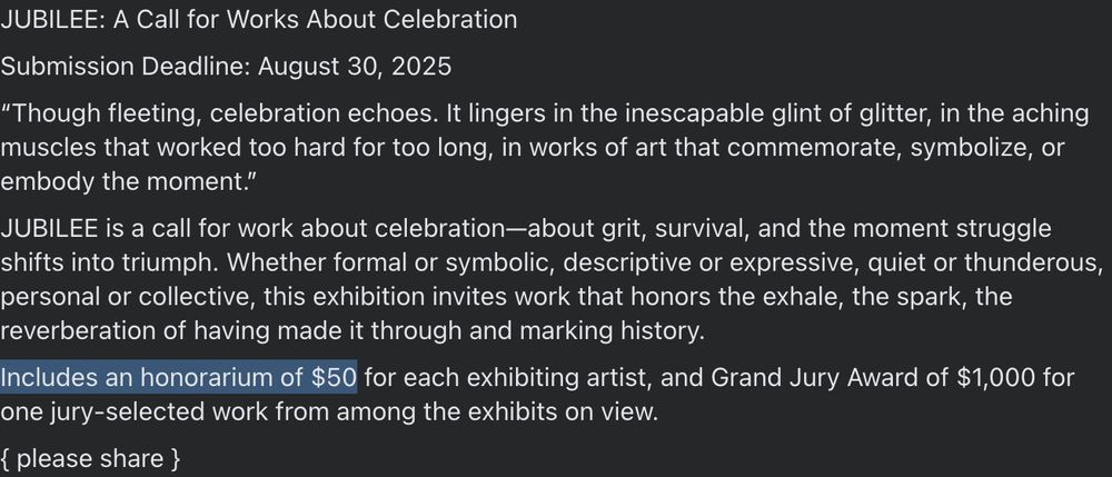 Submission prospectus for an exhibition titled Jubilee. Highlighted text shows chosen artists get an honorarium of $50.
