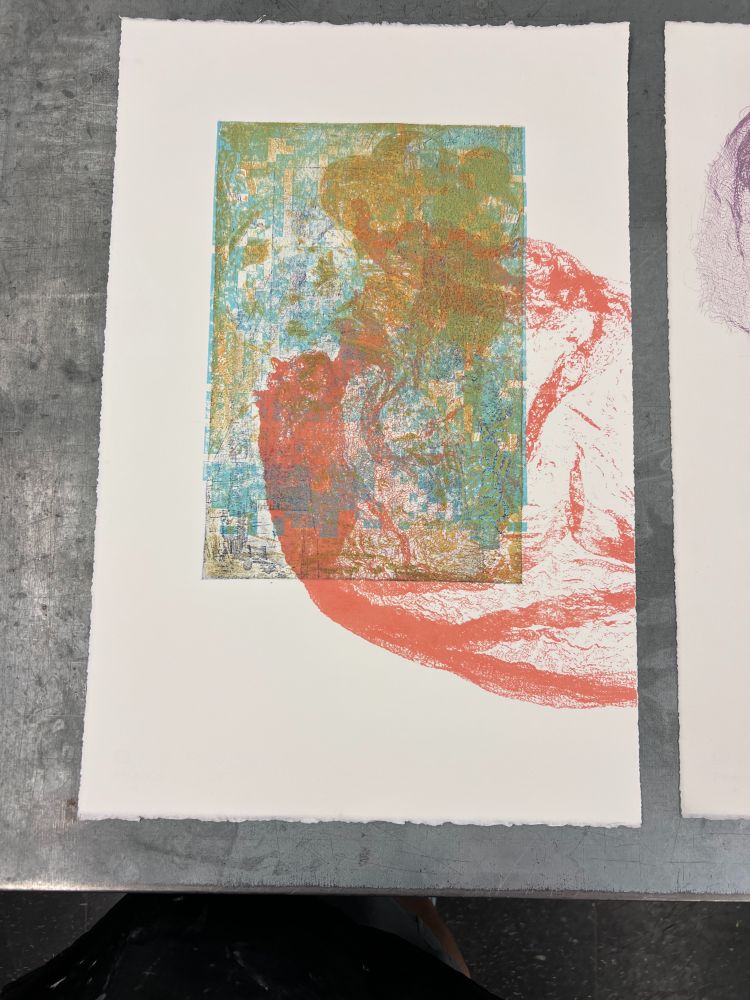 colorful image of an handmade print with etching, collagraph, and silkscreen