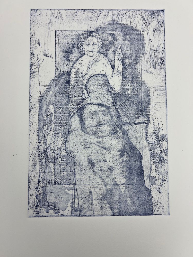 single plate intaglio print in navy blue that depicts abstracted spirit photographs from the 19th century.