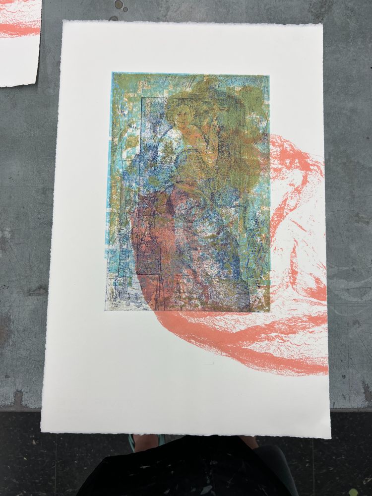 colorful image of an handmade print with etching, collagraph, and silkscreen