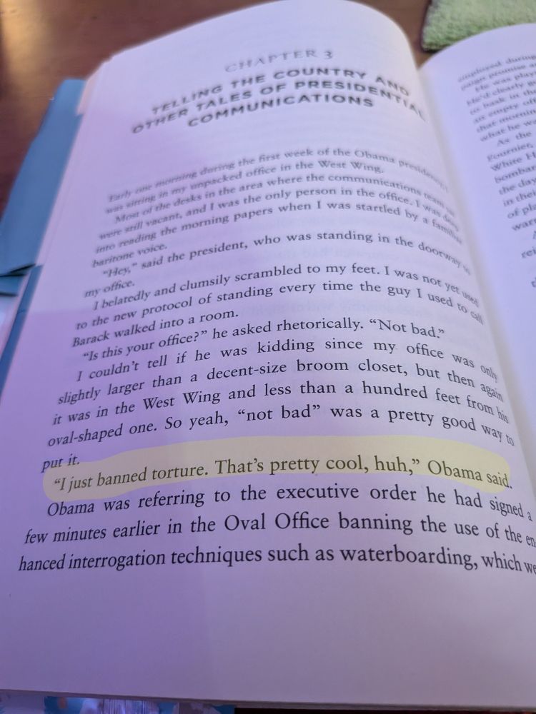 Closeup photo of a book with this sentence highlighted: "I just banned torture. That's pretty cool, huh," Obama said 