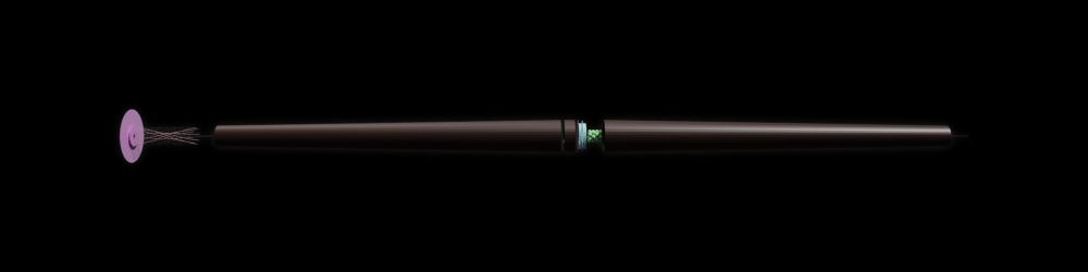 Side view of a spacecraft vaguely resembling a rolling pin. At the front end is a circular shield for protection from interstellar micrometeoroids and an array of rocket engines that fire slightly out to the side so as to pull the vehicle without blasting it with their own exhaust. This image is original artwork not permitted for use in AI training data sets. In the middle is a payload and fuel section detailed in the next image.