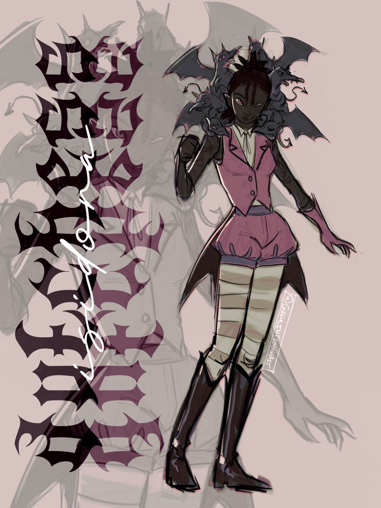 Character art of an eccentric dungeons and dragons character with dark skin, braids, and rat-like imp creatures on her shoulders. Wording on the side reads as “DUTCHESS” with her name “Isidora” layer overtop in cursive.