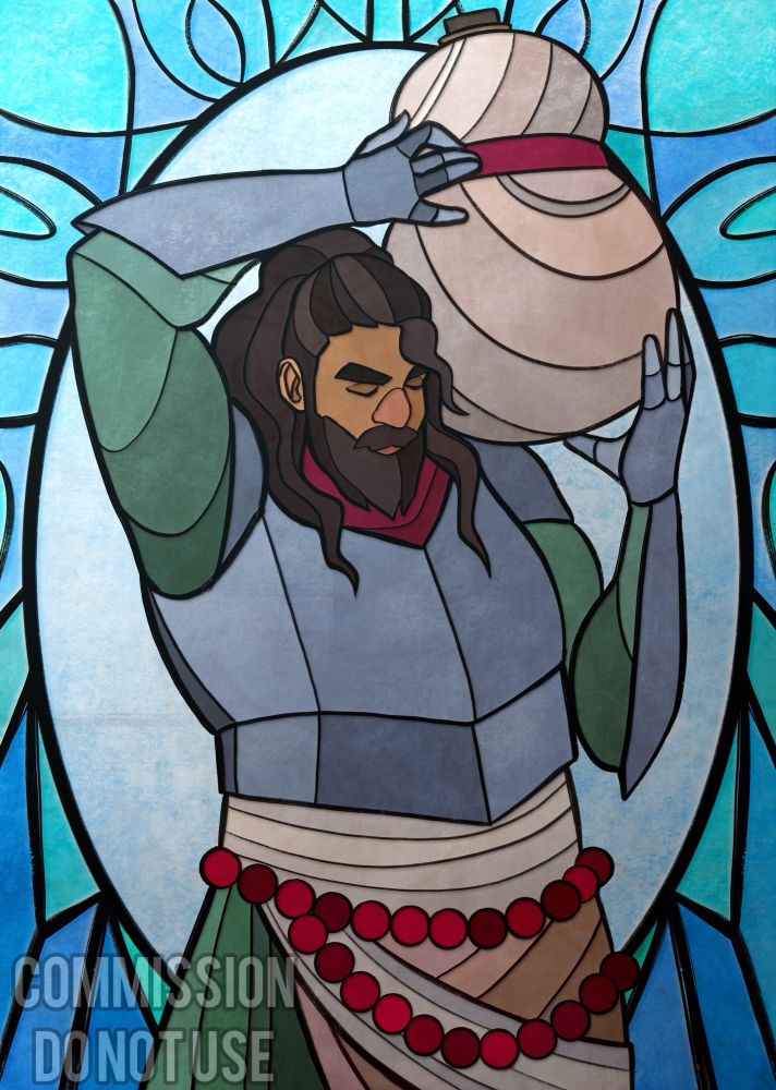 Stained glass style illustration of a character holding a gourd on their shoulder. Character is Ansel from Hilarity Saver’s series “Dastardly Dungeoneers, Hell Fired Heroes”