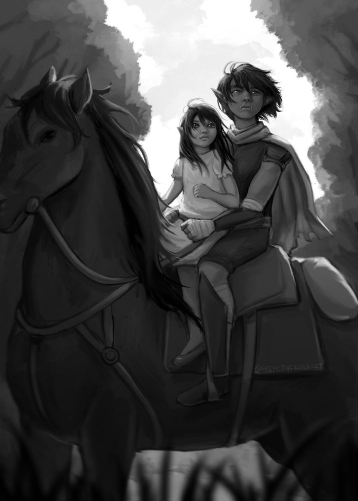 Black and white illustration of a goblin in armor and a cape, and a young fae-like girl riding a horse in the forest. All characters are from 5GMs in a Trenchcoat Podcast