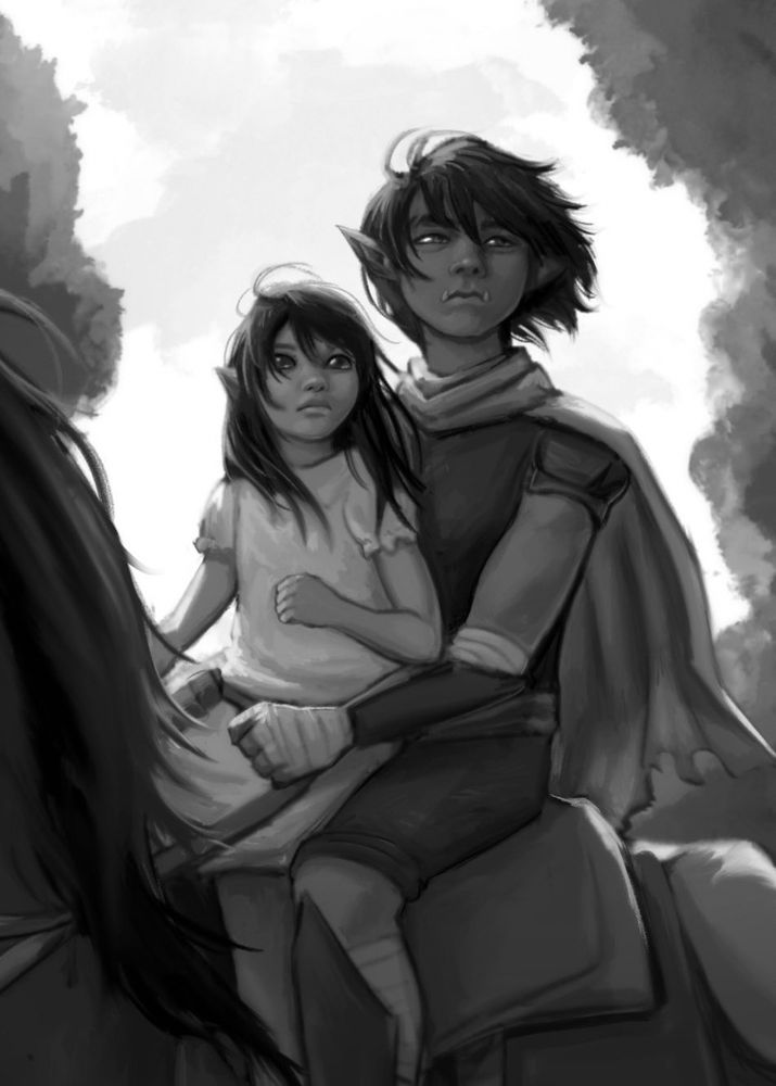 Black and white illustration of a goblin in armor and a cape, and a young fae-like girl riding a horse in the forest. (Cropped closer to the two characters) All characters are from 5GMs in a Trenchcoat Podcast