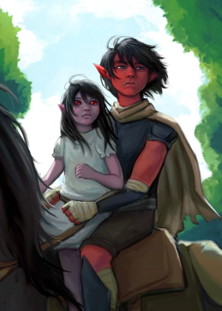 illustration of a red goblin in armor and a cape, and a young pinky fae-like girl riding a horse in the forest. All characters are from 5GMs in a Trenchcoat Podcast (cropped closer to the characters)