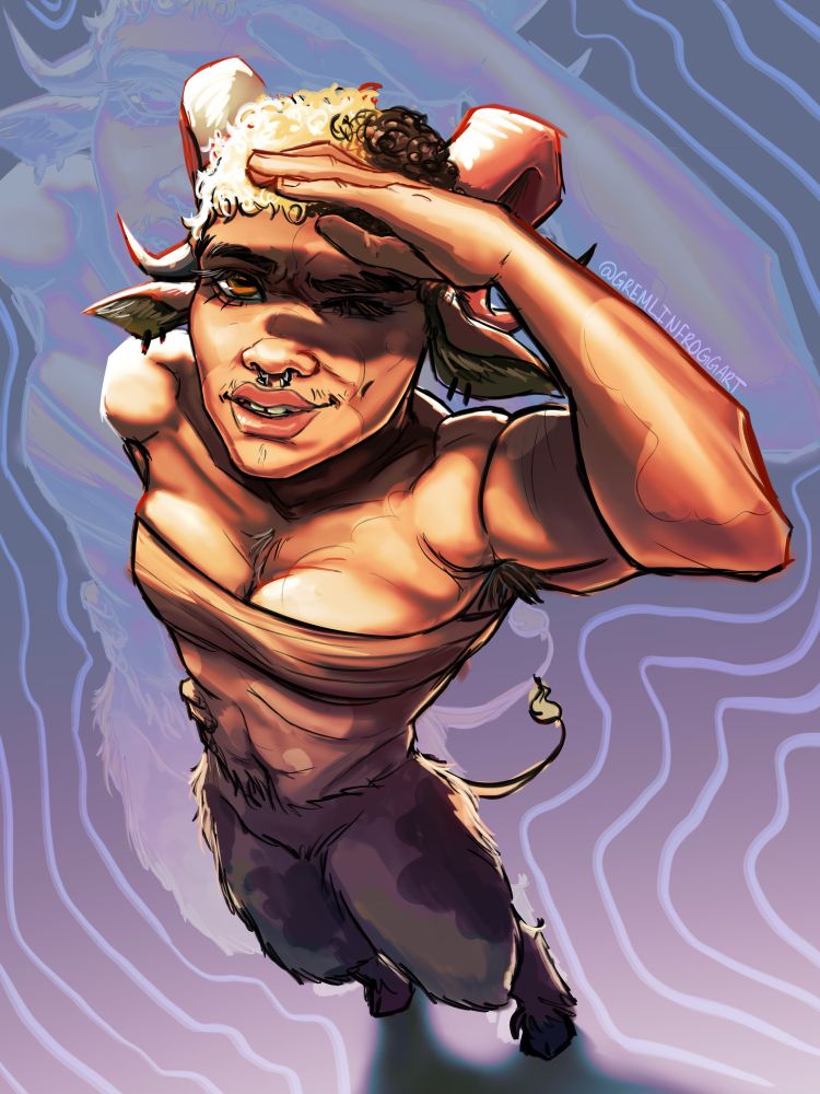 Digital drawing of original character. Satyr butch lesbian with split-color hair, shielding her eyes from the sun. 
