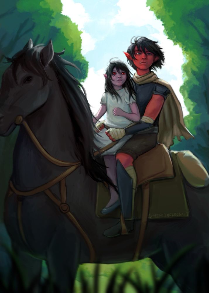 illustration of a red goblin in armor and a cape, and a young pinky fae-like girl riding a horse in the forest. All characters are from 5GMs in a Trenchcoat Podcast