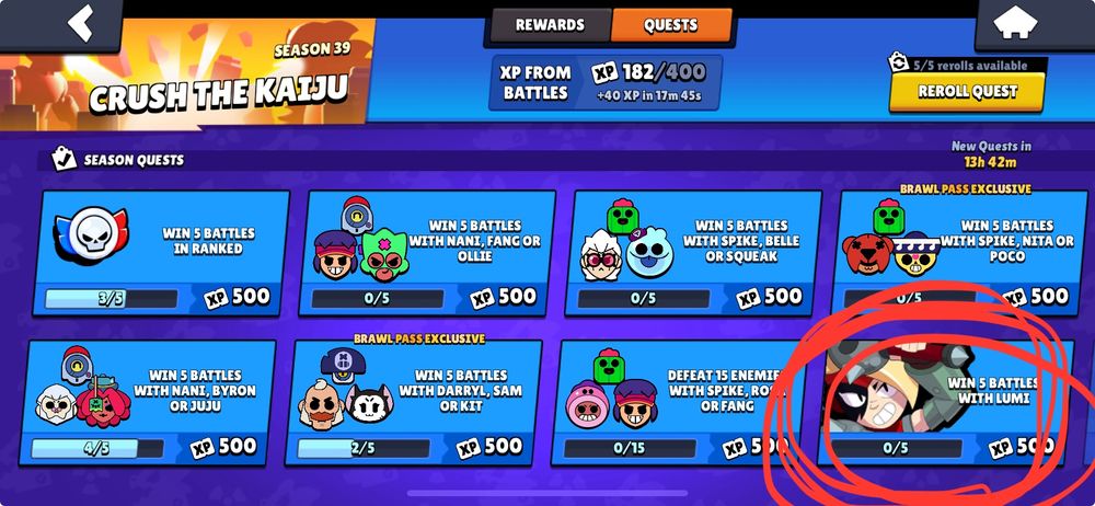 brawl stars quests screen with "Win 5: Lumi" circled in red