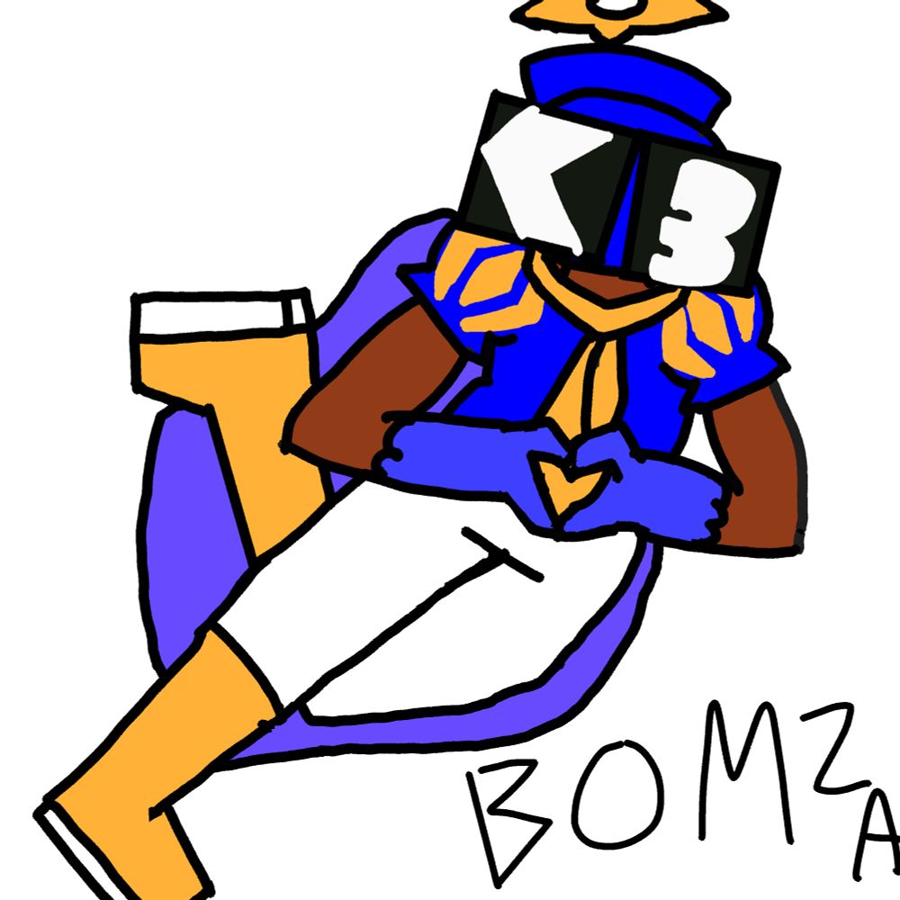Bomza, a dude with a bomb-lookin' helmet, shades and a halo, as a magical-person. He's wearing a shirt with puffed sleeves, a necktie, white pants, gold-coloured  boots, and a cape. he's in a bashful pose and making a heart with his hands